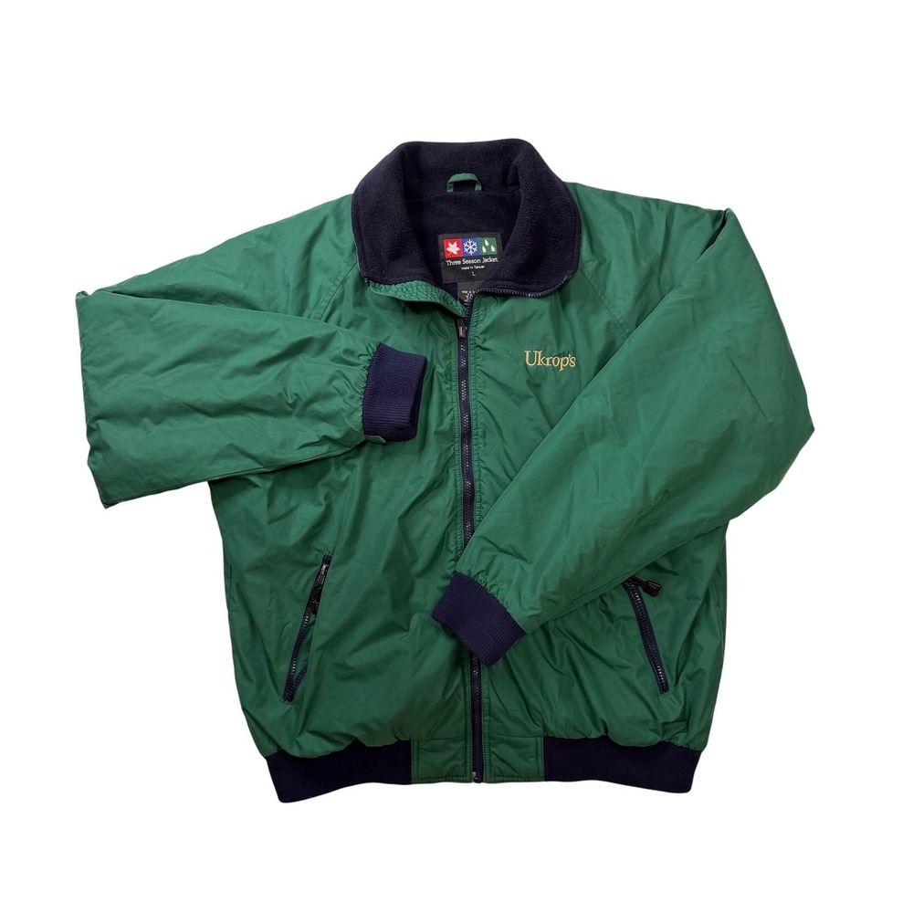 Three Season Jacket Mens Large Green Ukrop's Embroidered Fleece Lined Bomber L